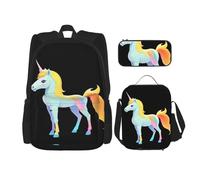 WZYCWB Zaino Holo Unicorn Glitch (set da 3 pezzi), zaino di grande capacità, borsa per la scuola per studenti, astuccio, borsa per il pranzo