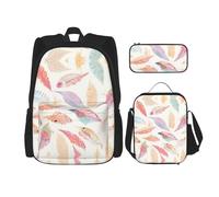 WZYCWB Zaino scuola con piume colorate + astuccio + borsa per il pranzo zaino combinato adatto per il pendolarismo quotidiano