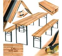 Wzyfv Set 3 Pezzi da Birreria, Tavolo e Panche da Esterno Pieghevoli, Struttura in Acciaio, Dimensioni Tavolo 220x50,5x77,5 cm, Panche 220x25x47,5 cm - Set da Birra Pieghevole al Centro