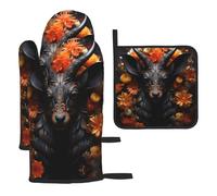 WZYWHJ Antilope nera con motivo floreale guanti da forno e griglia per pentole, set da 3 pezzi guanto da cucina lungo ispessito