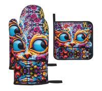 WZYWHJ Art Doodle - Set di guanti da forno con stampa di gatto, 3 pezzi, guanto da cucina lungo ispessito