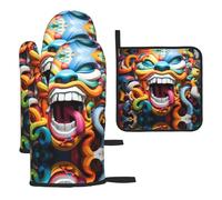 WZYWHJ Art Graffiti Clown stampato guanti da forno e presine set 3 pezzi ispessito lungo guanto da cucina