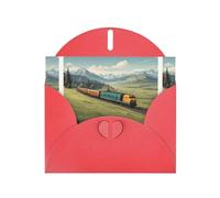 WZYWHJ Biglietto d'auguri rosso per le vacanze, 15,2 x 10,2 cm, con busta, per Natale, compleanno, San Valentino, invito a feste, treno che corre sulla prateria stampato