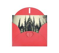 WZYWHJ Biglietto d'auguri rosso per le vacanze, 15,2 x 10,2 cm, con busta, per Natale, compleanno, San Valentino, invito a feste, stampa con castello antico scheletro