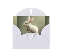 WZYWHJ Biglietto di auguri bianco per le vacanze, 15,2 x 10,2 cm, con busta, per Natale, compleanno, San Valentino, invito alla festa, piccolo coniglio bianco su fiori stampati