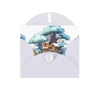 WZYWHJ Biglietto di auguri bianco per le vacanze, 15,2 x 10,2 cm, con busta, per Natale, compleanno, San Valentino, invito per feste, casa sulla neve accanto all'abete, stampato