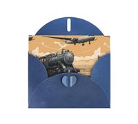 WZYWHJ Biglietto di auguri blu per le vacanze, 15,2 x 10,2 cm, con busta, per Natale, compleanno, San Valentino, invito per feste, aereo sopra il treno stampato