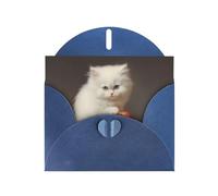 WZYWHJ Biglietto di auguri blu per le vacanze, 15,2 x 10,2 cm, con busta, per Natale, compleanno, San Valentino, invito a feste, piccolo gatto bianco che mangia mela stampato