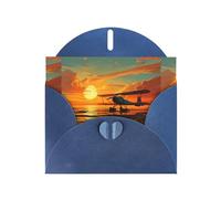 WZYWHJ Biglietto di auguri blu per le vacanze, 15,2 x 10,2 cm, con busta, per Natale, compleanno, San Valentino, invito a festa, aereo al tramonto, stampato