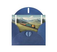 WZYWHJ Biglietto di auguri blu per le vacanze, 15,2 x 10,2 cm, con busta, per Natale, compleanno, San Valentino, invito a feste, treno che corre sulla prateria stampato
