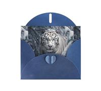 WZYWHJ Biglietto di auguri blu per le vacanze, 15,2 x 10,2 cm, con busta, per Natale, compleanno, San Valentino, invito a una festa con tigre bianca nella neve stampato