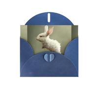 WZYWHJ Biglietto di auguri blu per le vacanze, 15,2 x 10,2 cm, con busta, per Natale, compleanno, San Valentino, invito alla festa, piccolo coniglio bianco su fiori stampato