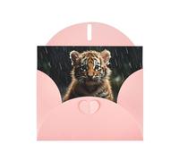 WZYWHJ Biglietto di auguri rosa per le vacanze, 15,2 x 10,2 cm, con busta, per Natale, compleanno, San Valentino, invito a festa, cucciolo di tigre sotto la pioggia stampato