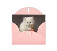 WZYWHJ Biglietto di auguri rosa per le vacanze, 15,2 x 10,2 cm, con busta, per Natale, compleanno, San Valentino, invito a feste, piccolo gatto bianco che mangia mela stampato