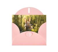 WZYWHJ Biglietto di auguri rosa per le vacanze, 15,2 x 10,2 cm, con busta, per Natale, compleanno, San Valentino, invito alla festa, coniglietto nell'erba, stampato