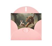 WZYWHJ Biglietto di auguri rosa per le vacanze, 15,2 x 10,2 cm, con busta, per Natale, compleanno, San Valentino, invito per feste, tigre che insegue coniglio, stampato