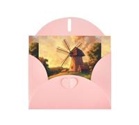 WZYWHJ Biglietto di auguri rosa per le vacanze, 15,2 x 10,2 cm, con busta, per Natale, compleanno, San Valentino, invito alla festa Il mulino a vento sulla prateria stampato