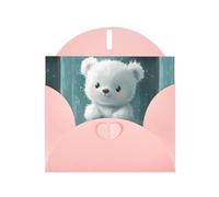 WZYWHJ Biglietto di auguri rosa per le vacanze, 15,2 x 10,2 cm, con busta, per Natale, compleanno, San Valentino, invito a una festa, piccolo orso bianco sotto la pioggia stampato