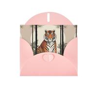 WZYWHJ Biglietto di auguri rosa per le vacanze, 15,2 x 10,2 cm, con busta, per Natale, compleanno, San Valentino, invito per feste, tigre sotto l'albero di pino stampato