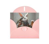 WZYWHJ Biglietto di auguri rosa per le vacanze, 15,2 x 10,2 cm, con busta, per Natale, compleanno, San Valentino, invito a feste, piccolo coniglio bianco con birra stampata