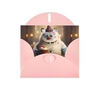 WZYWHJ Biglietto di auguri rosa per le vacanze, 15,2 x 10,2 cm, con busta, per Natale, compleanno, San Valentino, invito a una festa con il piccolo mostro che tiene la torta. Stampato
