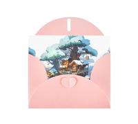 WZYWHJ Biglietto di auguri rosa per le vacanze, 15,2 x 10,2 cm, con busta, per Natale, compleanno, San Valentino, invito per feste, casa sulla neve accanto all'abete, stampato