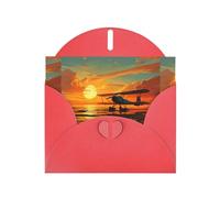 WZYWHJ Biglietto di auguri rosso per le vacanze, 15,2 x 10,2 cm, con busta, per Natale, compleanno, San Valentino, invito a festa, aereo al tramonto, stampato