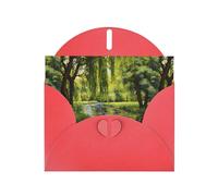 WZYWHJ Biglietto di auguri rosso per le vacanze, 15,2 x 10,2 cm, con busta, per Natale, compleanno, San Valentino, inviti a feste, con alberi di salice vicino allo stagno stampato