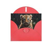 WZYWHJ Biglietto di auguri rosso per le vacanze, 15,2 x 10,2 cm, con busta, per Natale, compleanno, San Valentino, invito a festa, cucciolo di tigre sotto la pioggia stampato