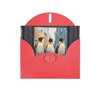 WZYWHJ Biglietto di auguri rosso per le vacanze, 15,2 x 10,2 cm, con busta, per Natale, compleanno, San Valentino, inviti a feste, pinguini sulla porta e sulla finestra stampati