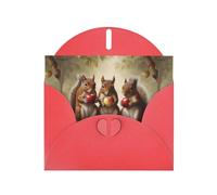 WZYWHJ Biglietto di auguri rosso per le vacanze, 15,2 x 10,2 cm, con busta, per Natale, compleanno, San Valentino, invito a una festa con tre scoiattoli che mangiano mele, stampato