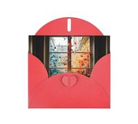 WZYWHJ Biglietto di auguri rosso per le vacanze, 15,2 x 10,2 cm, con busta, per Natale, compleanno, San Valentino, invito alle feste, migliaia di gru di carta sulla finestra stampato