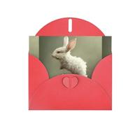 WZYWHJ Biglietto di auguri rosso per le vacanze, 15,2 x 10,2 cm, con busta, per Natale, compleanno, San Valentino, invito alla festa, piccolo coniglio bianco su fiori stampati