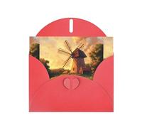 WZYWHJ Biglietto di auguri rosso per le vacanze, 15,2 x 10,2 cm, con busta, per Natale, compleanno, San Valentino, invito alla festa Il mulino a vento sulla prateria stampato