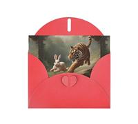 WZYWHJ Biglietto di auguri rosso per le vacanze, 15,2 x 10,2 cm, con busta, per Natale, compleanno, San Valentino, invito per feste, tigre che insegue coniglio, stampato