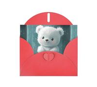 WZYWHJ Biglietto di auguri rosso per le vacanze, 15,2 x 10,2 cm, con busta, per Natale, compleanno, San Valentino, invito alla festa, piccolo orso bianco sotto la pioggia stampato