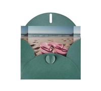 WZYWHJ Biglietto di auguri verde scuro per le vacanze, 15,2 x 10,2 cm, con busta, per Natale, compleanno, San Valentino, invito a feste, infradito rosa sulla spiaggia stampato