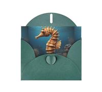 WZYWHJ Biglietto di auguri verde scuro per le vacanze, 15,2 x 10,2 cm, con busta, per Natale, compleanno, San Valentino, inviti a feste con stampe di cavallucci marini del Mediterraneo