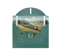 WZYWHJ Biglietto di auguri verde scuro per le vacanze, 15,2 x 10,2 cm, con busta, per Natale, compleanno, San Valentino, invito a feste, treno che corre sulla prateria stampato
