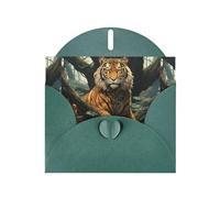 WZYWHJ Biglietto di auguri verde scuro per le vacanze, 15,2 x 10,2 cm, con busta, per Natale, compleanno, San Valentino, invito per feste, tigre dietro l'albero stampato
