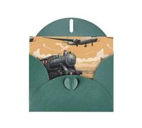 WZYWHJ Biglietto di auguri verde scuro per le vacanze, 15,2 x 10,2 cm, con busta, per Natale, compleanno, San Valentino, invito per feste, aereo sopra il treno stampato