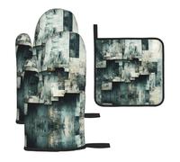 WZYWHJ Block Fragments - Set di guanti da forno e presine, 3 pezzi, guanti da cucina lunghi ispessiti