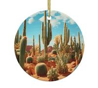 WZYWHJ Ciondolo rotondo in ceramica di Natale, 7,4 cm, decorazione da appendere all'albero per feste di festa Il territorio del cactus stampato