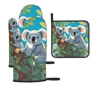 WZYWHJ Due guanti da forno con stampa di koala felici e presine, set da 3 pezzi con guanto da cucina lungo ispessito