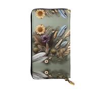 WZYWHJ Elegante portafoglio in pelle con stampa floreale con piume, pochette lunga da donna, materiale resistente, 12 scomparti per schede, scomparti con cerniera, nero, taglia unica, Nero , Taglia