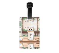 WZYWHJ Etichetta per bagagli a forma di gatto con immagine di tè al latte con cinturino staccabile, gancio da viaggio per una comoda identificazione, dimensioni biglietto da visita leggero e