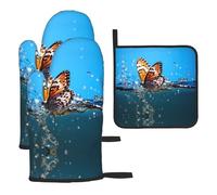 WZYWHJ Farfalla su acqua stampato guanti da forno e pentola rack set 3 pezzi ispessito lungo guanto da cucina