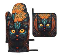 WZYWHJ Guanti da forno con testa di gatto dalla faccia grande stampata e griglia per pentole, set da 3 pezzi guanto da cucina lungo ispessito