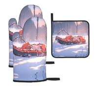 WZYWHJ Guanti da forno stampati Sledding on Snowy Hill e presine, set da 3 pezzi con guanto da cucina lungo ispessito