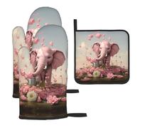 WZYWHJ Little Pink Elephant Watering The Flowers guanti da forno stampati e portavaso set da 3 pezzi guanto da cucina lungo ispessito